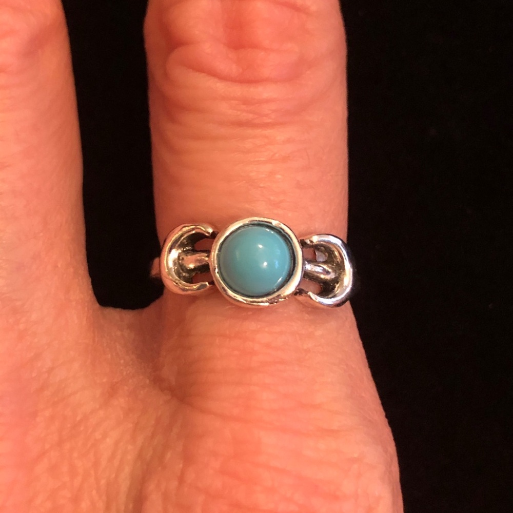 Silver Tone and Blue Stone Double Crescent Ring